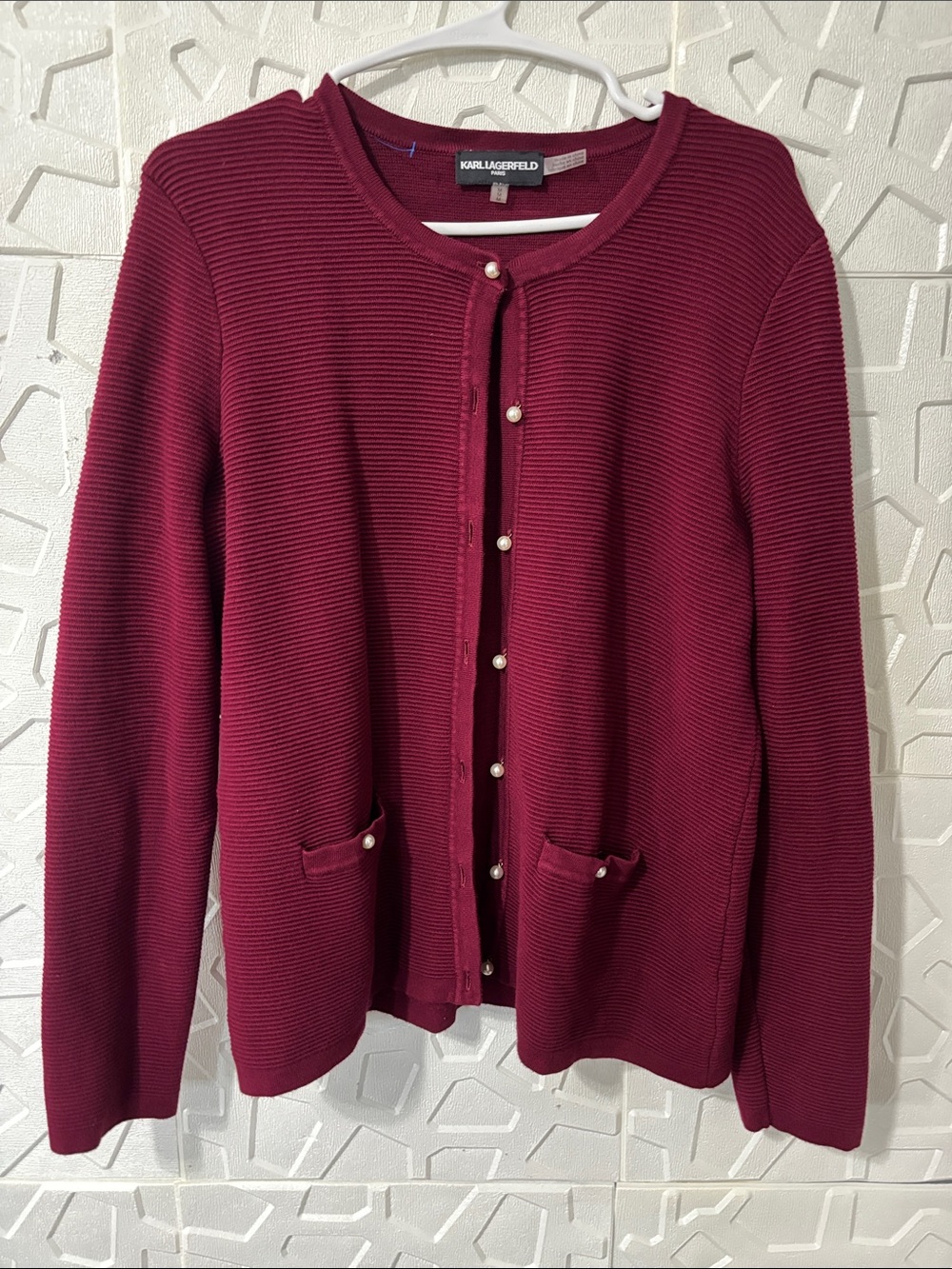 Karl Lagerfeld Deep Wine Pearl-Button Ribbed Cardigan